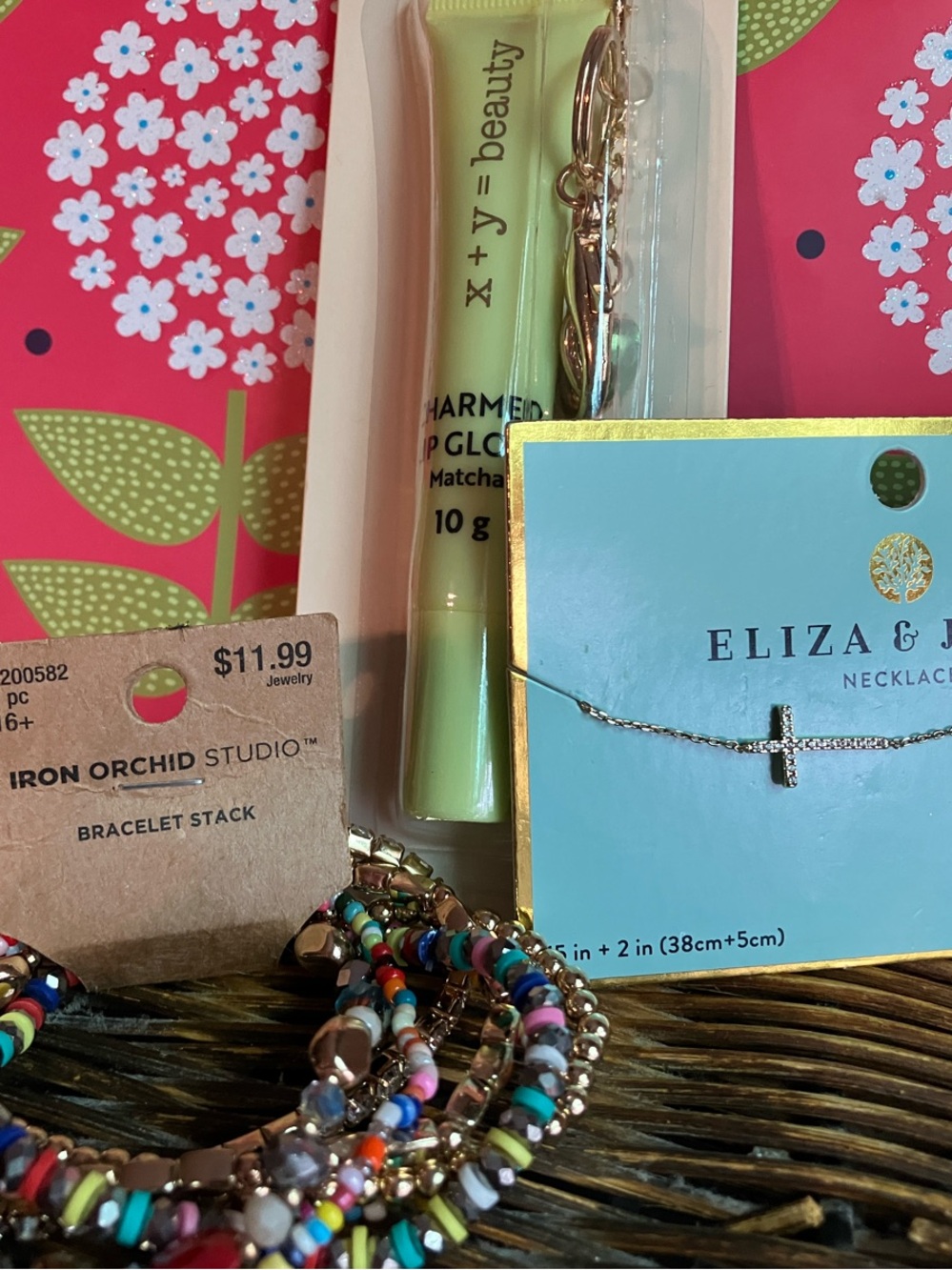 Eliza J Gold ‘Cross’ Necklace W/18K Gold Plated, 8 Stunning Bracelets& Lip Balm!